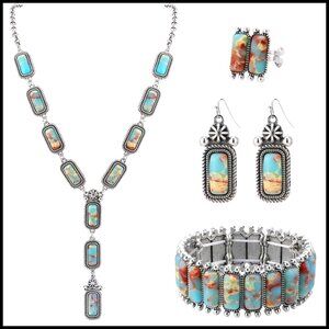 Turquoise Jewelry Set Boho Vintage Western Necklace Earring Bracelet Ring